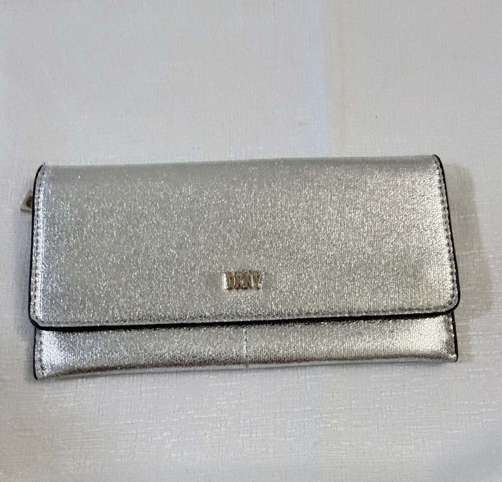 DKNY Silver Metallic Saffiano Leather Slim Flap Wallet